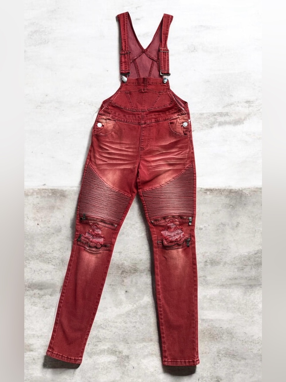 Women's Red Distressed Denim Overalls with Moto Stitching